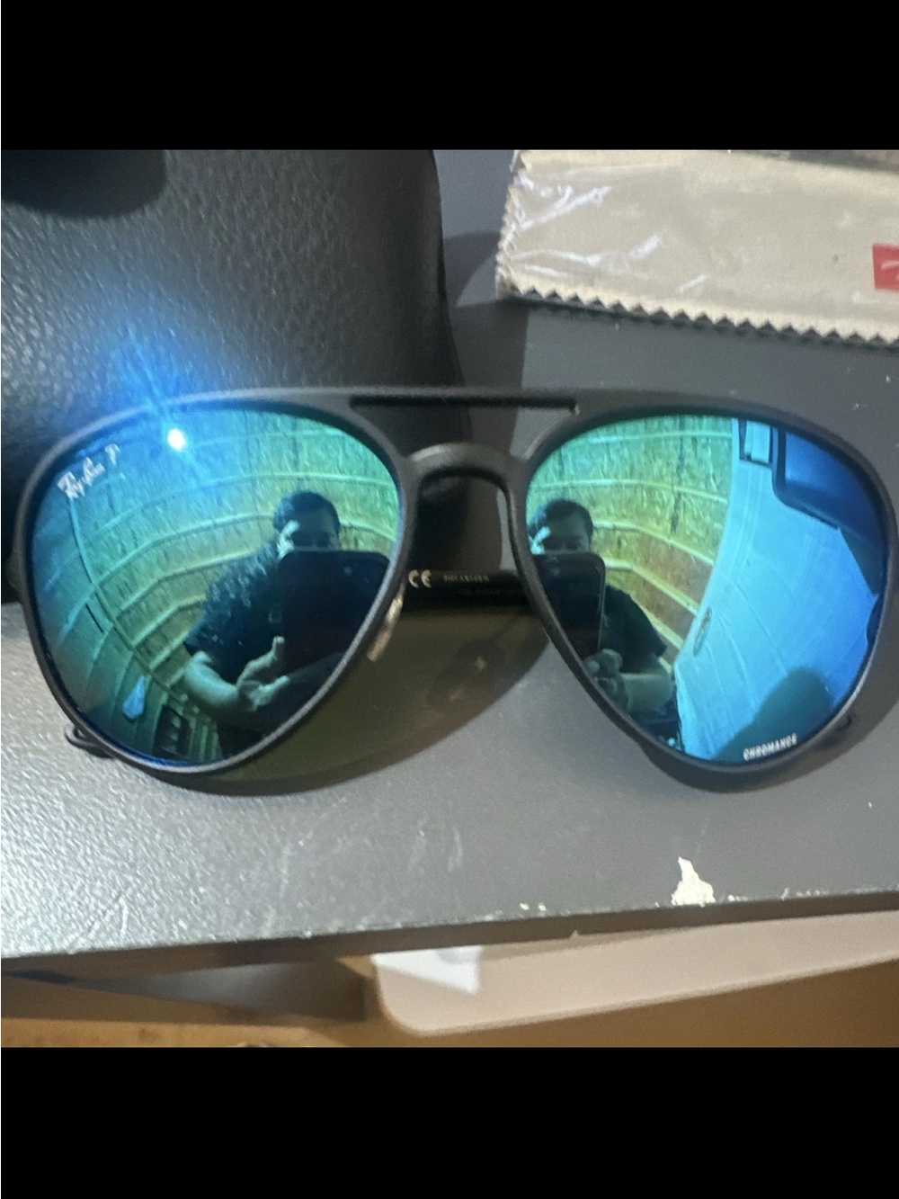 Ray-Ban Aviator Sunglasses with Blue-Green Mirrored Lenses and Black Frame